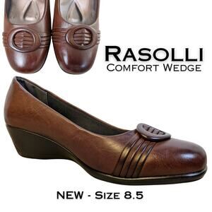 Rasolli Wedge Heel Shoe 8.5 Warm Brown 2" Comfort Career Buckle Accent NEW